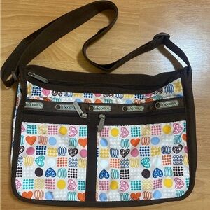 Lesportsac Multicolor Dot & Heart Print Crossbody with Brown Trim